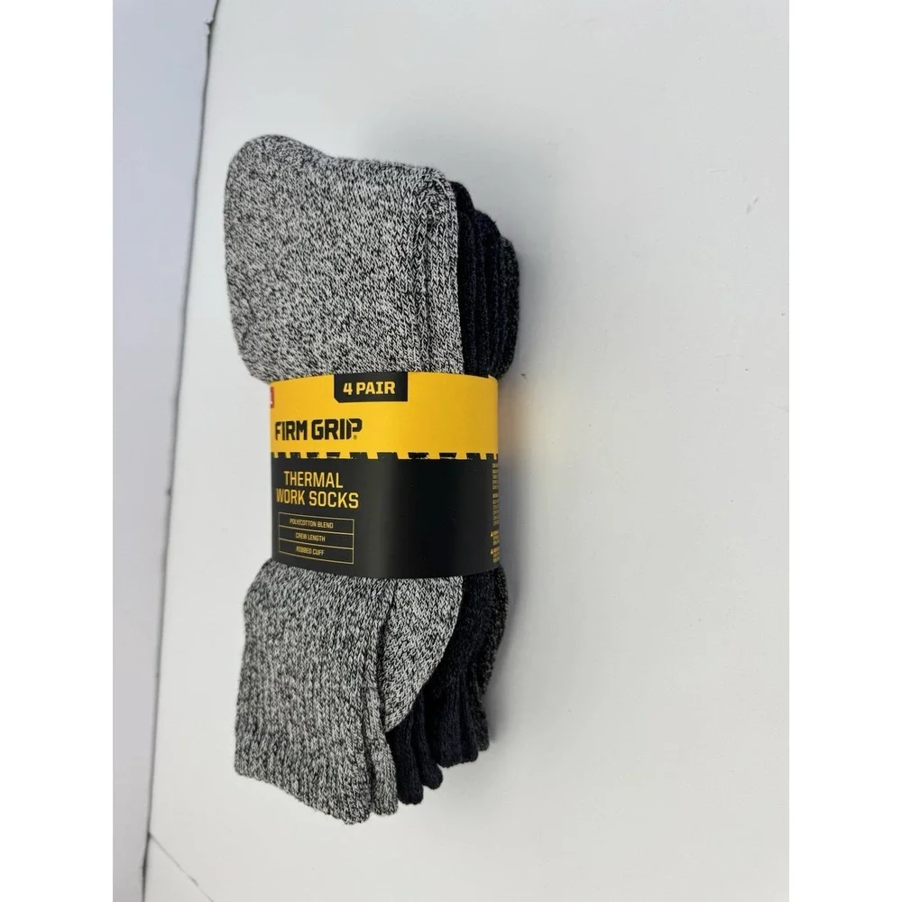 Mens Firm Grip Thermal Work Socks -‎ Large - 4 Pair - Poly/Cotton Crew Length